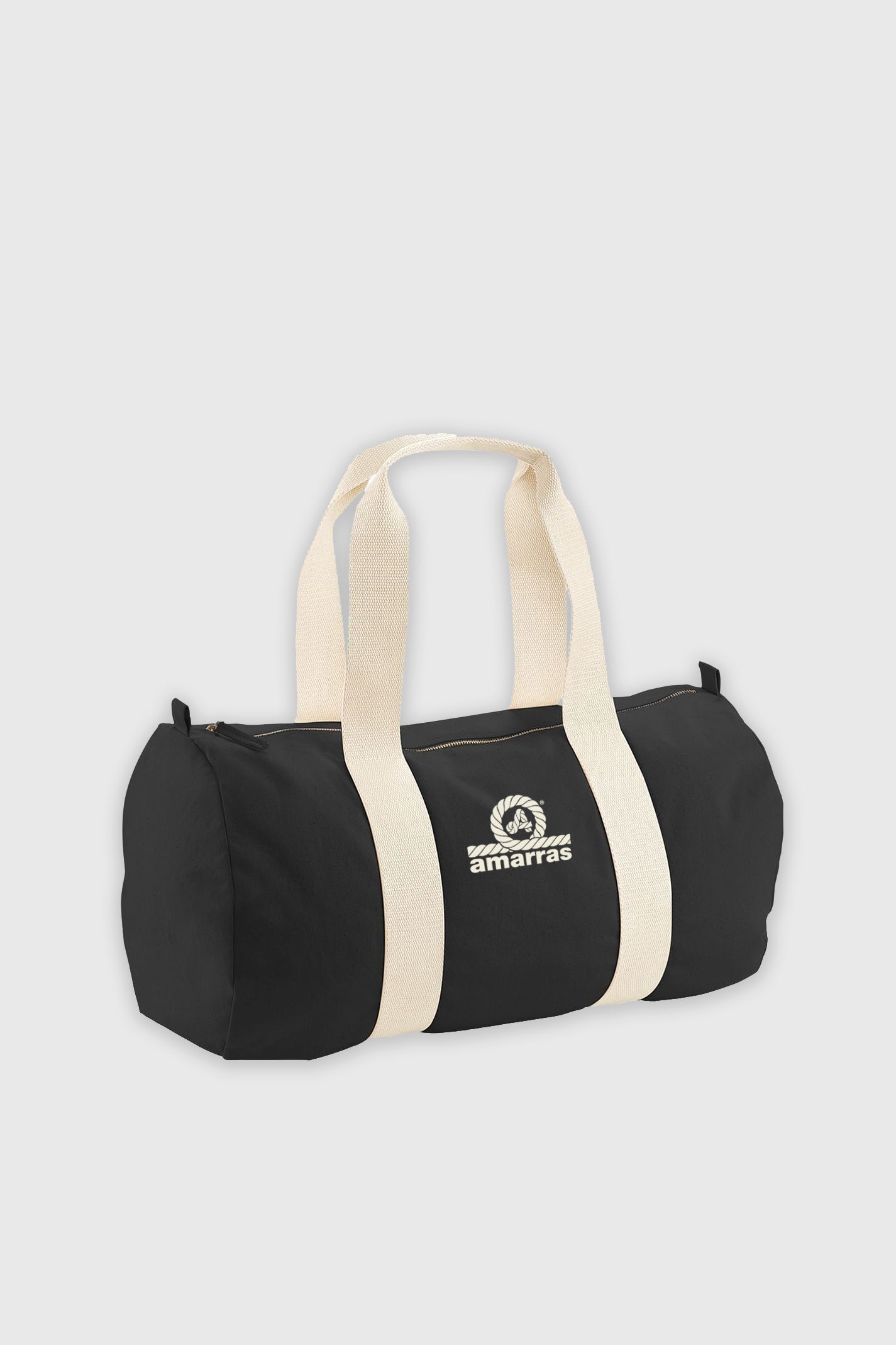 Bolsa tipo duffle de lona negro con asas de algodón crudo y logotipo clásico de Amarras.