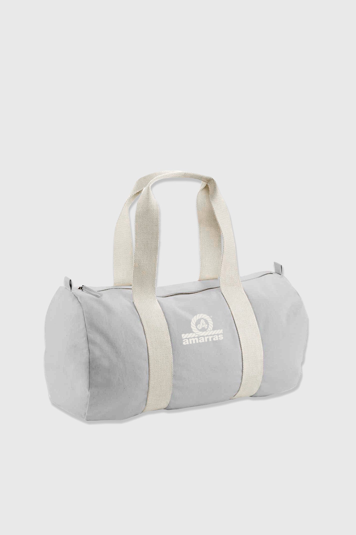Bolsa tipo duffle de lona gris con asas de algodón crudo y logotipo clásico de Amarras.