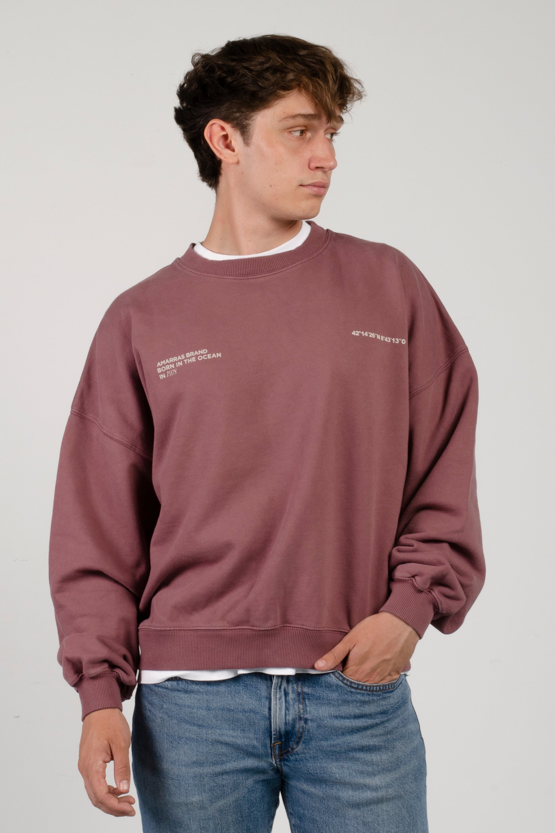 sudadera amarras harbor de hombre en color burgundy lavado con serigrafia en pecho y espalda y corte boxy