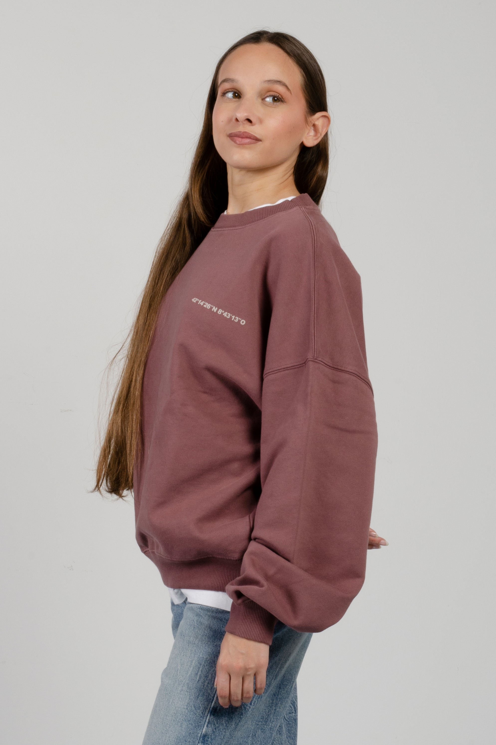 sudadera amarras harbor de mujer en color burgundy con estampado en pecho y espalda con corte boxy