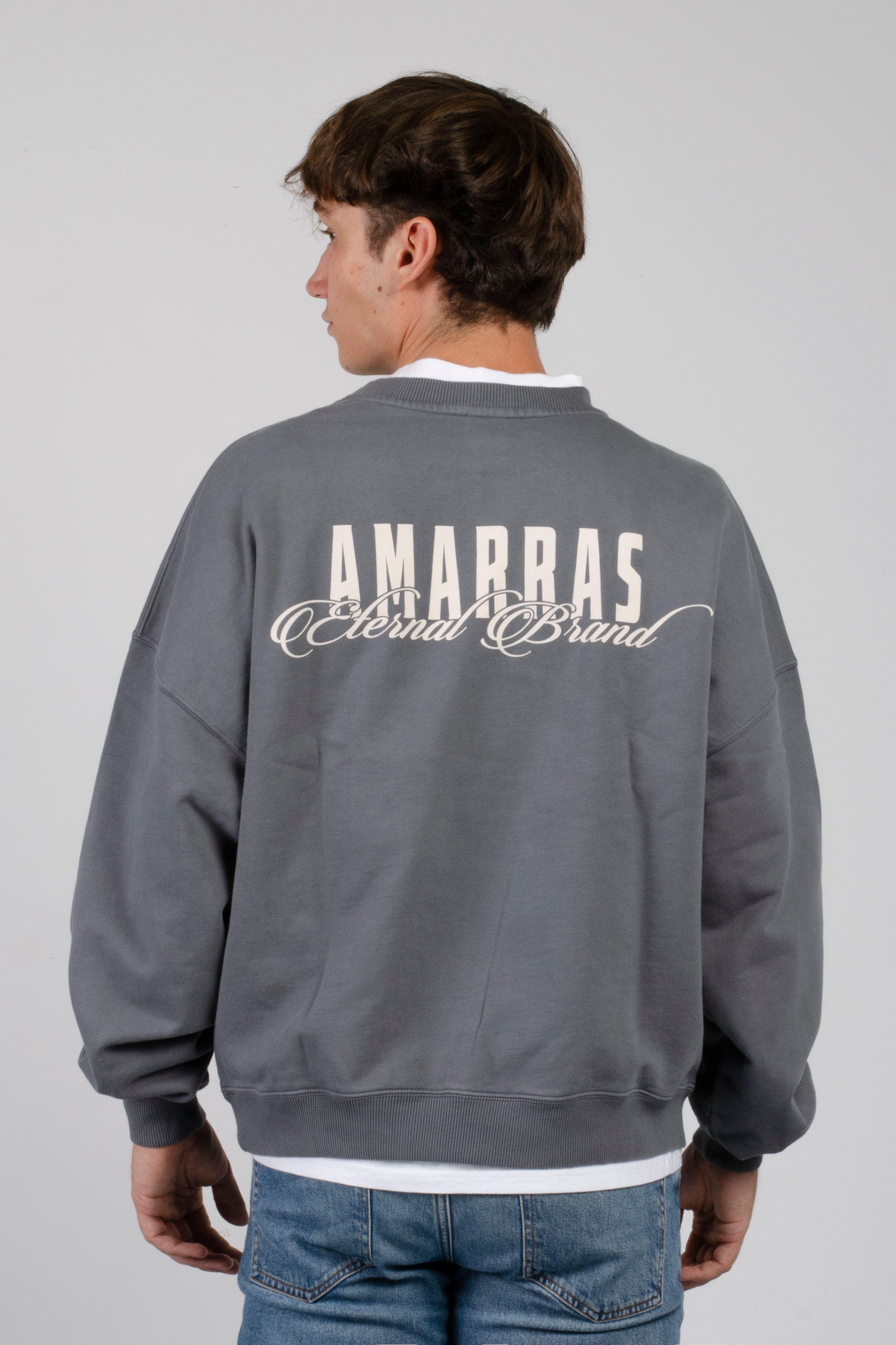 sudadera amarras santamonica de hombre ne color gris con serigrafia en pecho y espalda y corte boxy