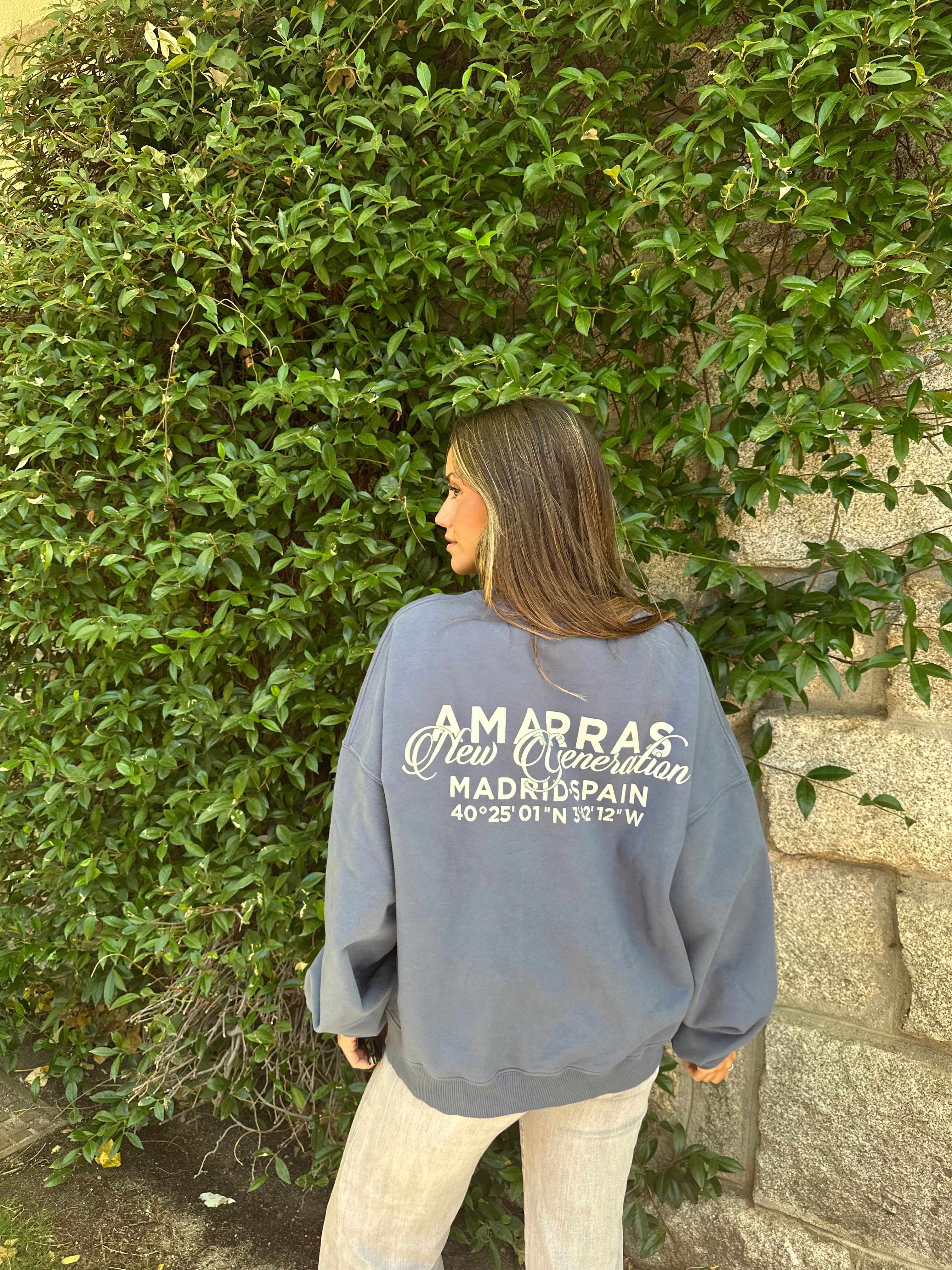 sudadera amarras unisex azul marino con estampado náutico en pecho y espalda