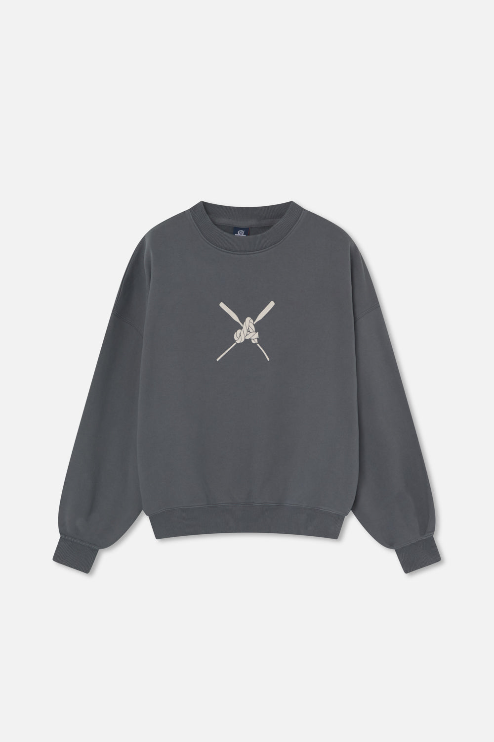 Sudadera Santa Marta de Amarras en color gris oscuro con gráfico central de remos cruzados y nudo marinero, estilo New Generation.