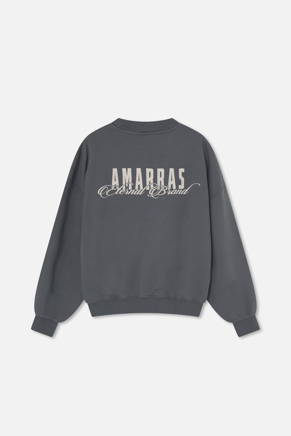 Detalle trasero de la sudadera Santa Marta con el texto Amarras Eternal Brand en serigrafía de alta calidad.