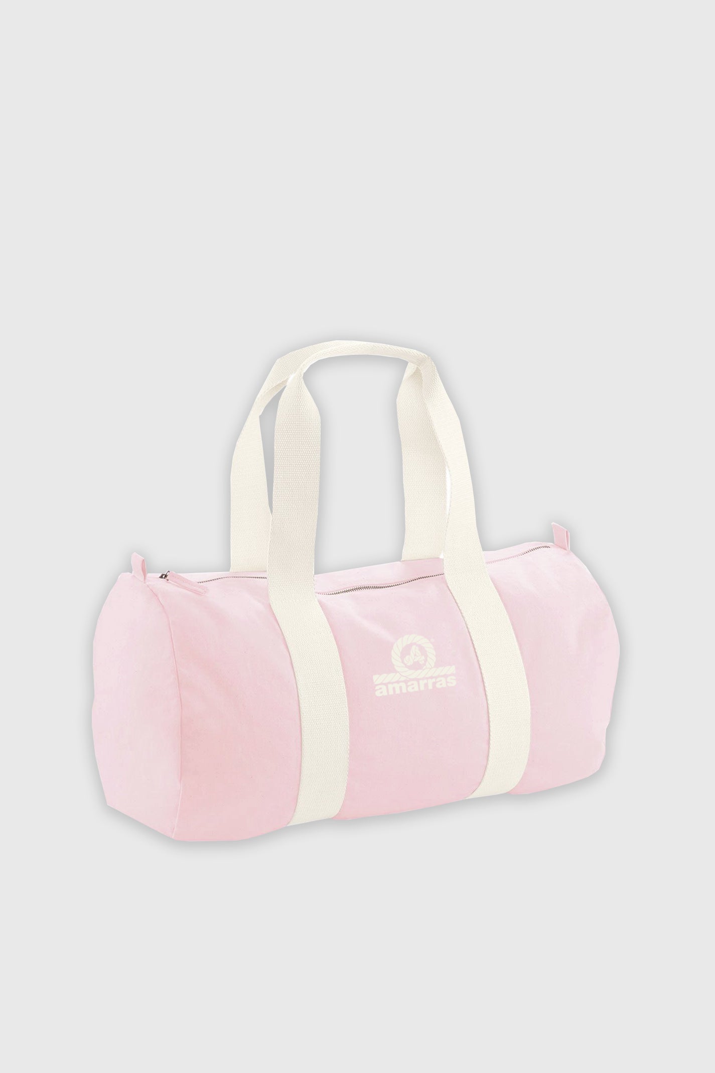 Bolsa tipo duffle de lona rosa con asas de algodón crudo y logotipo clásico de Amarras.