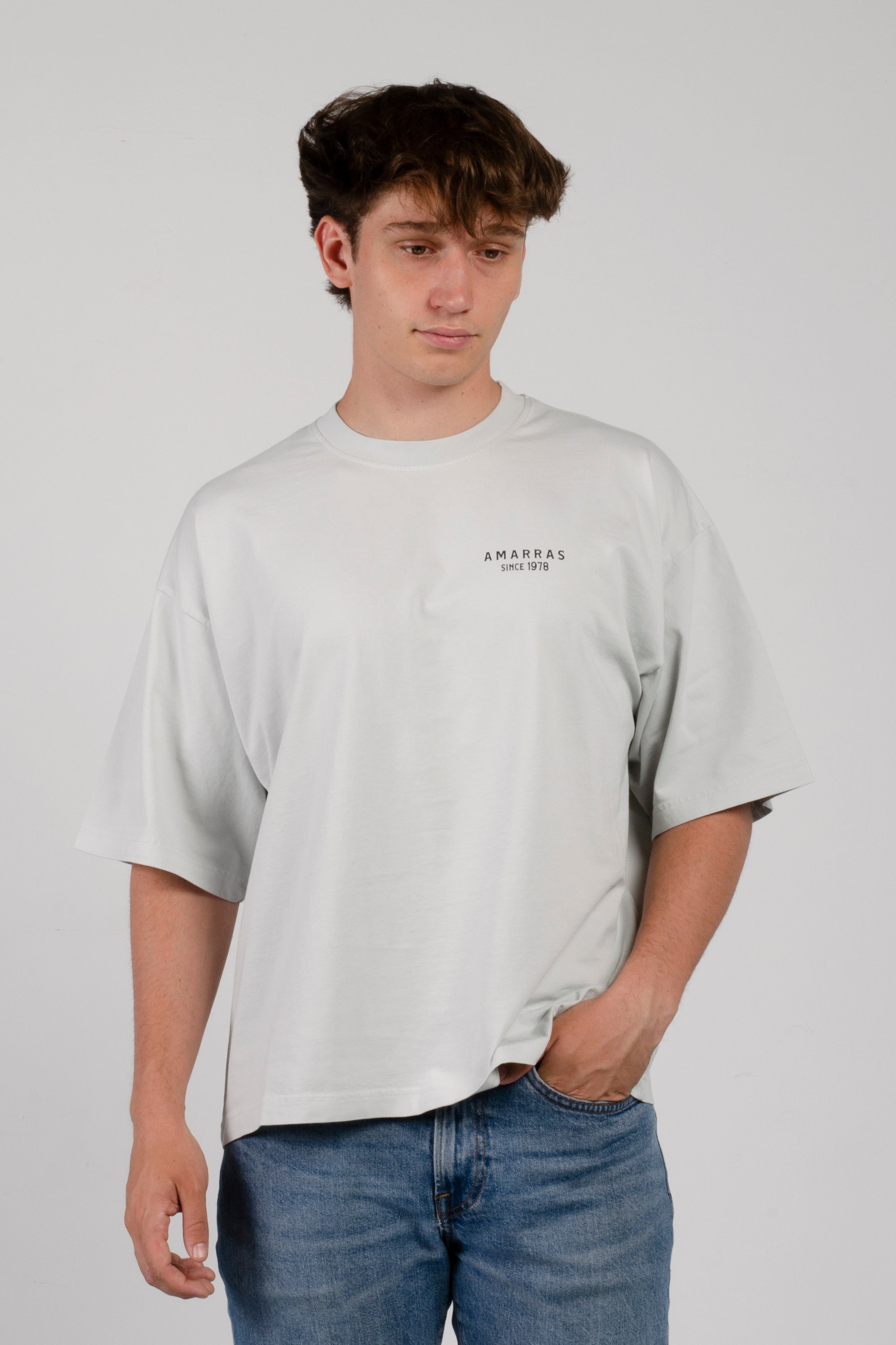 camiserta amarras staten de manga corta de hombre en color gris claro y con serigrafia en pecho y espalda y corte boxy con inspiración náutica